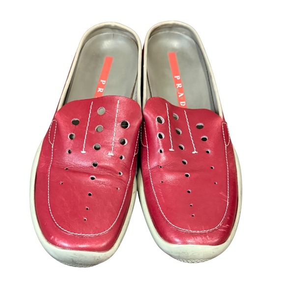 Prada Leather Mule Slip-on Slides Shoes Women 36/6 Red Gray Made in Italy - Picture 10 of 16